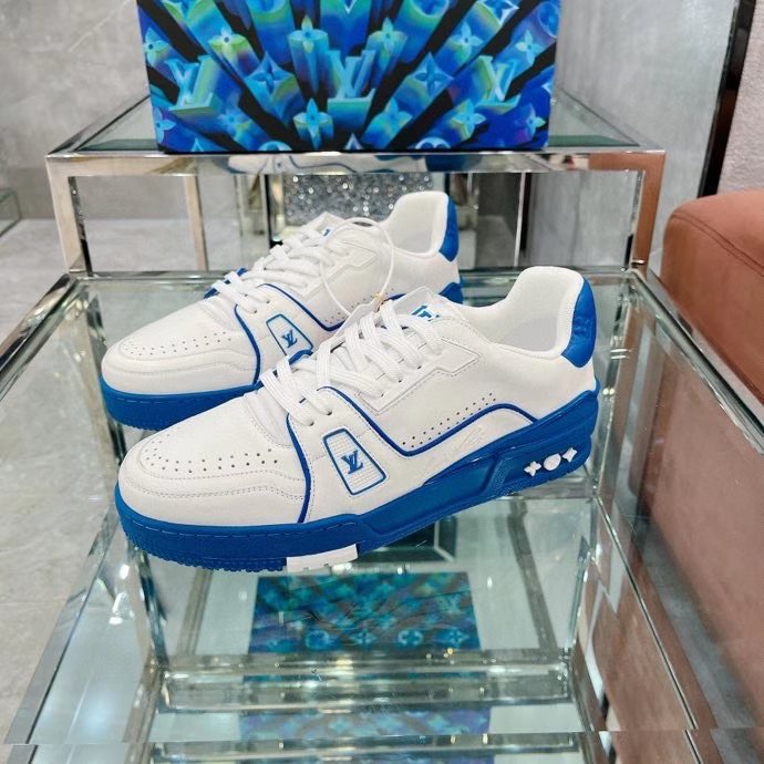 Louis Vuitton Unisex LV Trainer Sneaker Blue Calf Leather Rubber Outsole Monogram Flowers