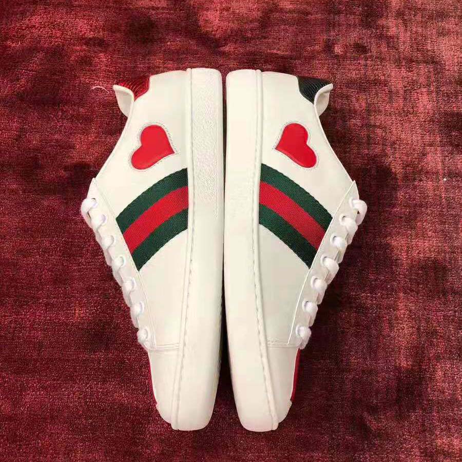 Gucci Women’s Ace Embroidered Sneaker with Two Leather Hearts in Rubber Sole-White