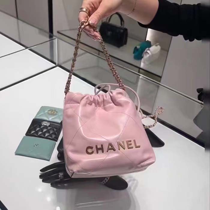 Chanel Women CC 22 Mini Handbag Shiny Calfskin Gold-Tone Metal Light Pink