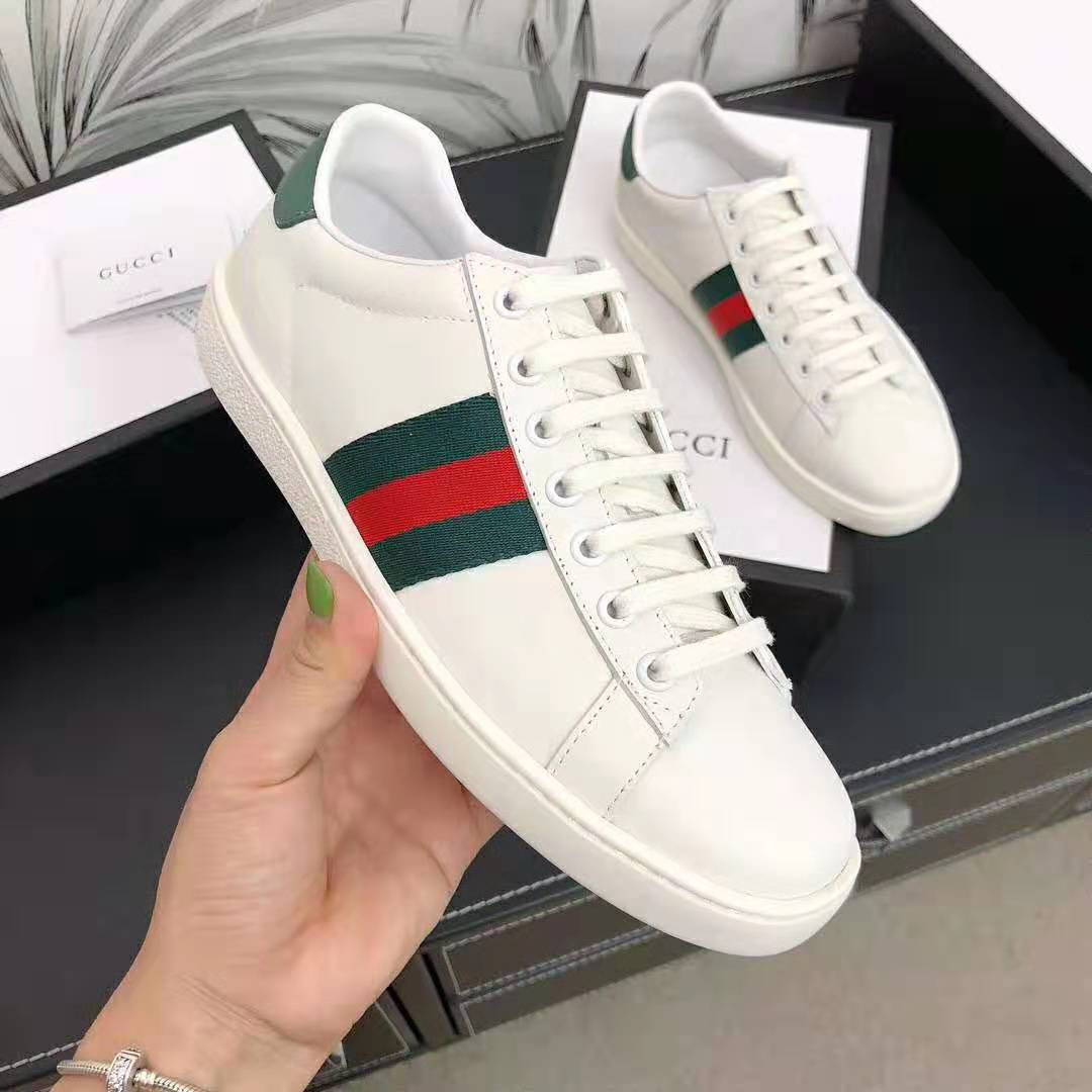 Gucci Unisex Ace Leather Sneaker White Leather with Green Crocodile Detail