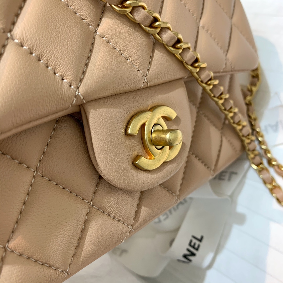 Chanel Women Mini Flap Bag with Top Handle Grained Calfskin Gold-Tone Metal Sandy