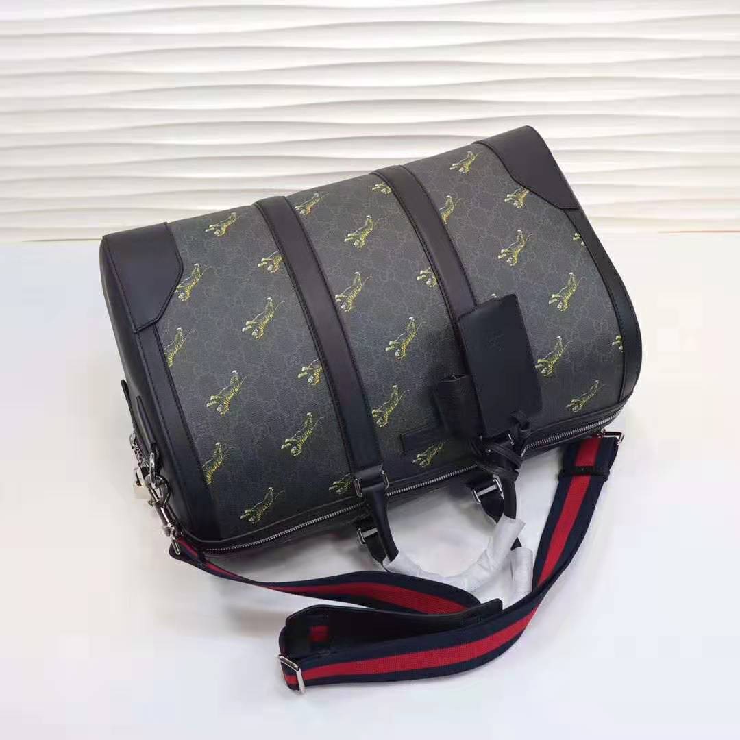 Gucci GG Men Gucci Bestiary Carry-On Duffle with Tigers in Black/Grey Soft GG Supreme