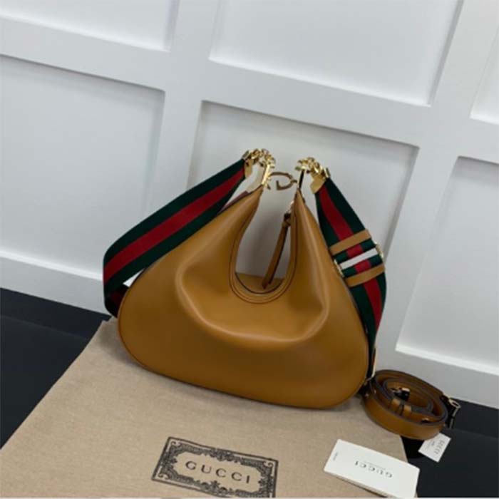 Gucci Women Attache Large Shoulder Bag Dark Orange Leather Green Red Web