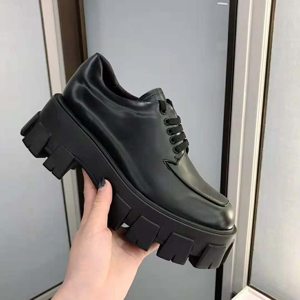 Prada Women Monolith Brushed Calf Leather Lace-Up Shoes-Black