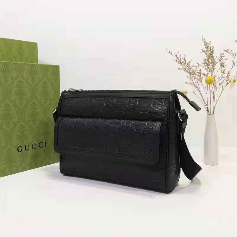 Gucci Unisex GG Embossed Messenger Bag Black GG Embossed Leather