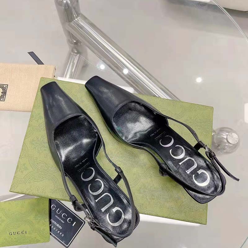 Gucci Women GG Slingback Pump Black Leather Back Ankle Buckle 8 cm Heel