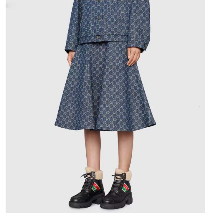 Gucci Women Ankle Boot Stripe Black Leather Merino Wool Mid 6 Cm Heel