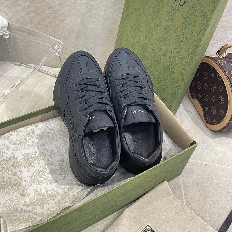 Gucci Unisex GG Rhyton Sneaker Black Leather Rubber Sole Low Heel