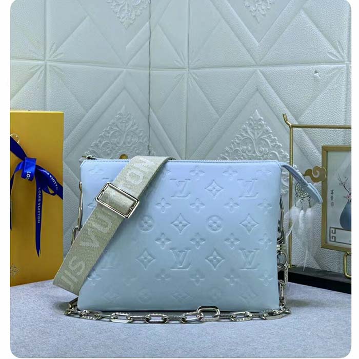 Louis Vuitton LV Women Coussin PM Handbag Ice Blue Lambskin Cowhide Leather Zip Closure