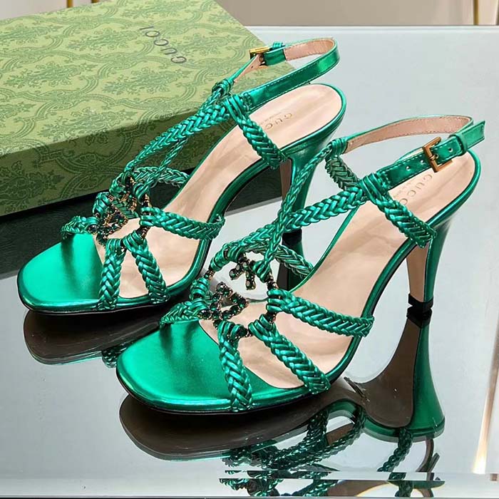 Gucci Women Crystal Interlocking G Sandal Green Metallic Braided Leather High Heel