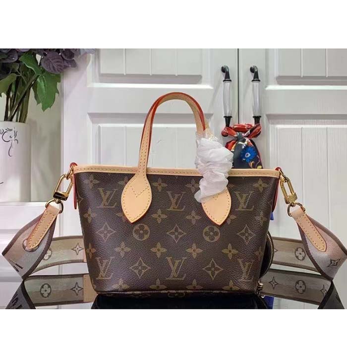 Louis Vuitton LV Women Neverfull BB Beige Monogram Coated Canvas Natural Cowhide Leather