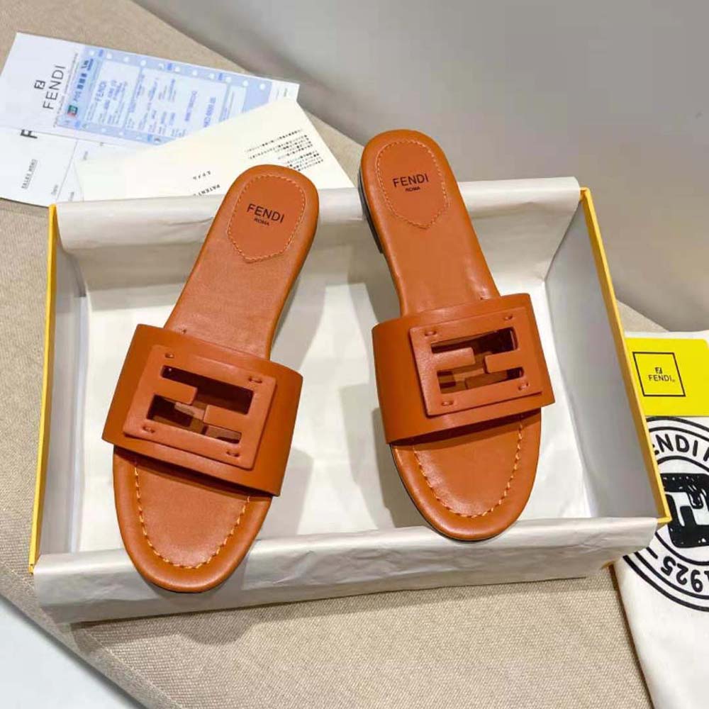 Fendi Women Signature Brown Leather Slides in 0.4 inches Heel Height