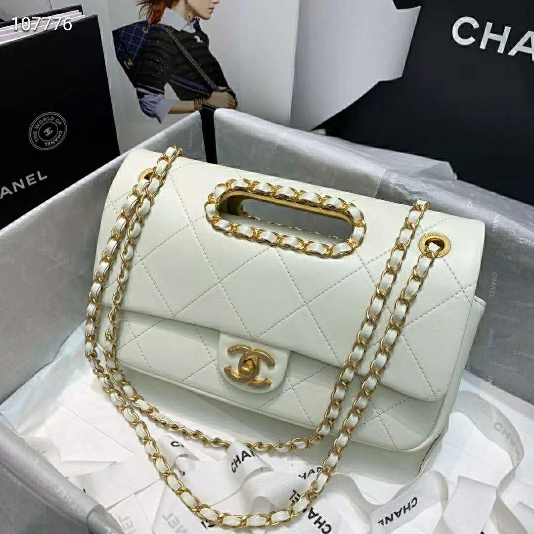 Chanel Women Small Flap Bag in Lambskin Leather-White