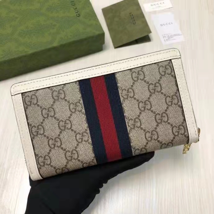 Gucci Unisex Ophidia Card Case Wallet Web Beige Ebony GG Supreme Canvas