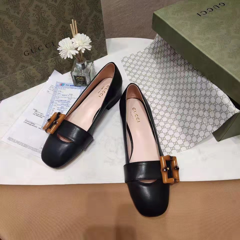 Gucci Women’s GG Ballet Flat Bamboo Buckle Black Leather Round Toe Chunky Heel