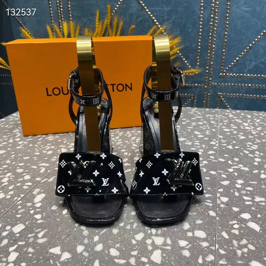 Louis Vuitton Women LV Shake Sandal Black White Printed Patent Calf Leather 9.5 CM Heel