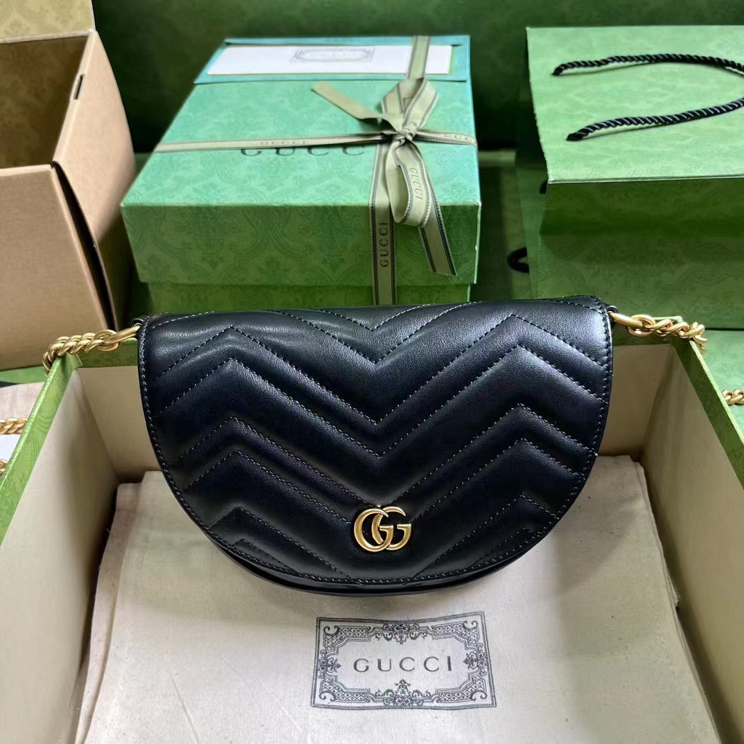Gucci Women GG Marmont Matelassé Chain Mini Bag Black Chevron Leather Double G