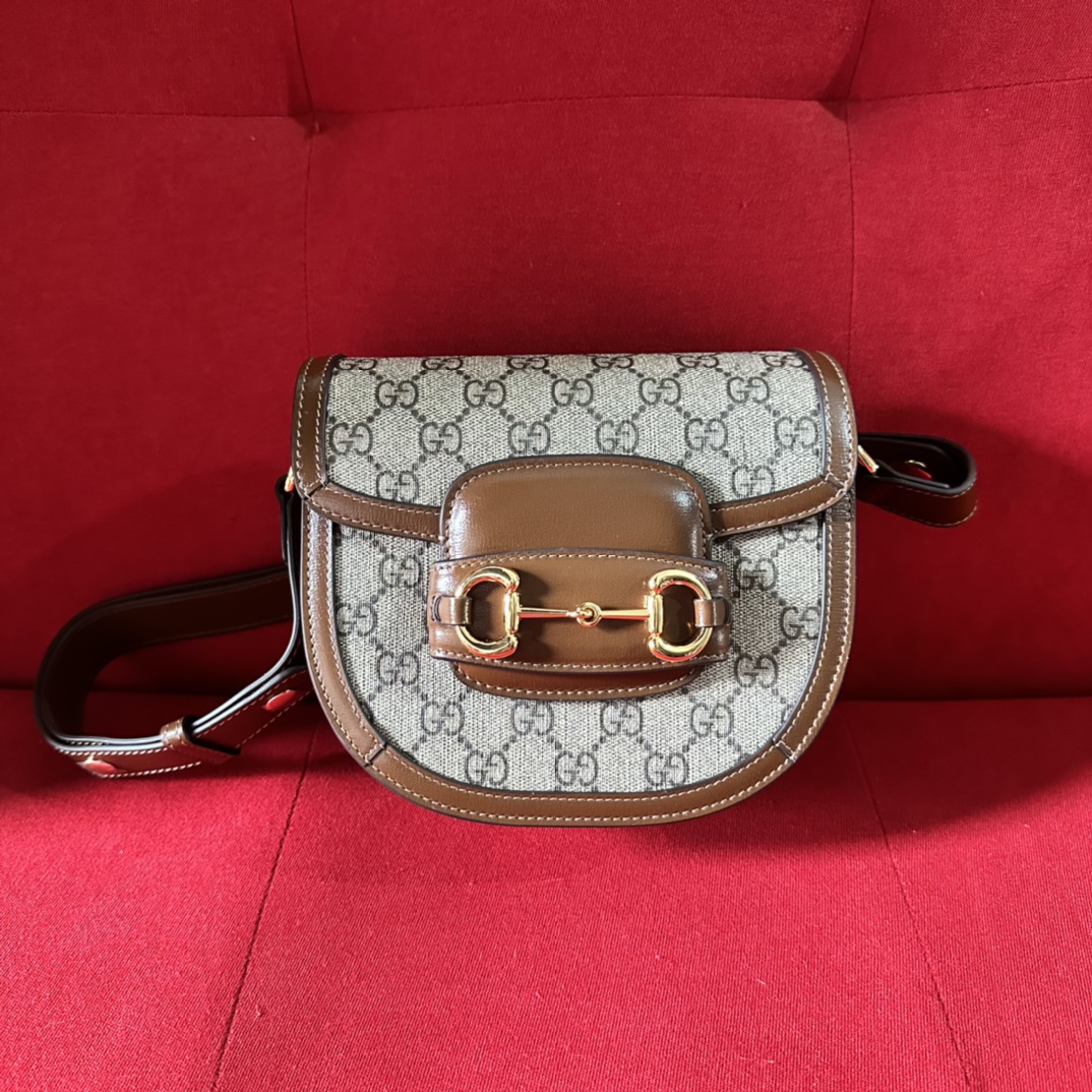 Gucci GG Women Gucci Horsebit 1955 Mini Rounded Bag Beige Ebony GG Supreme Canvas