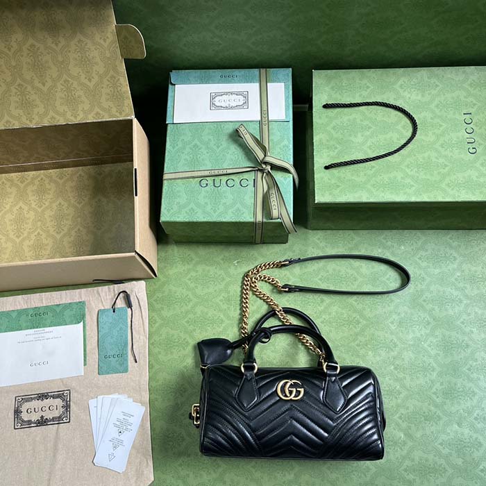 Gucci Women GG Marmont Small Top Handle Bag Black Matelassé Chevron Leather