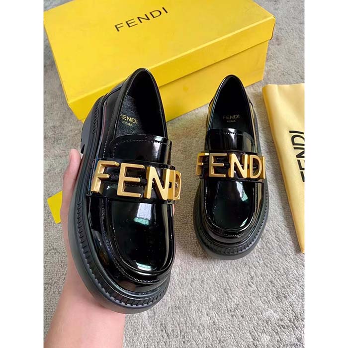 Fendi Women FF Fendigraphy Black Leather Loafers 5 Cm Heel