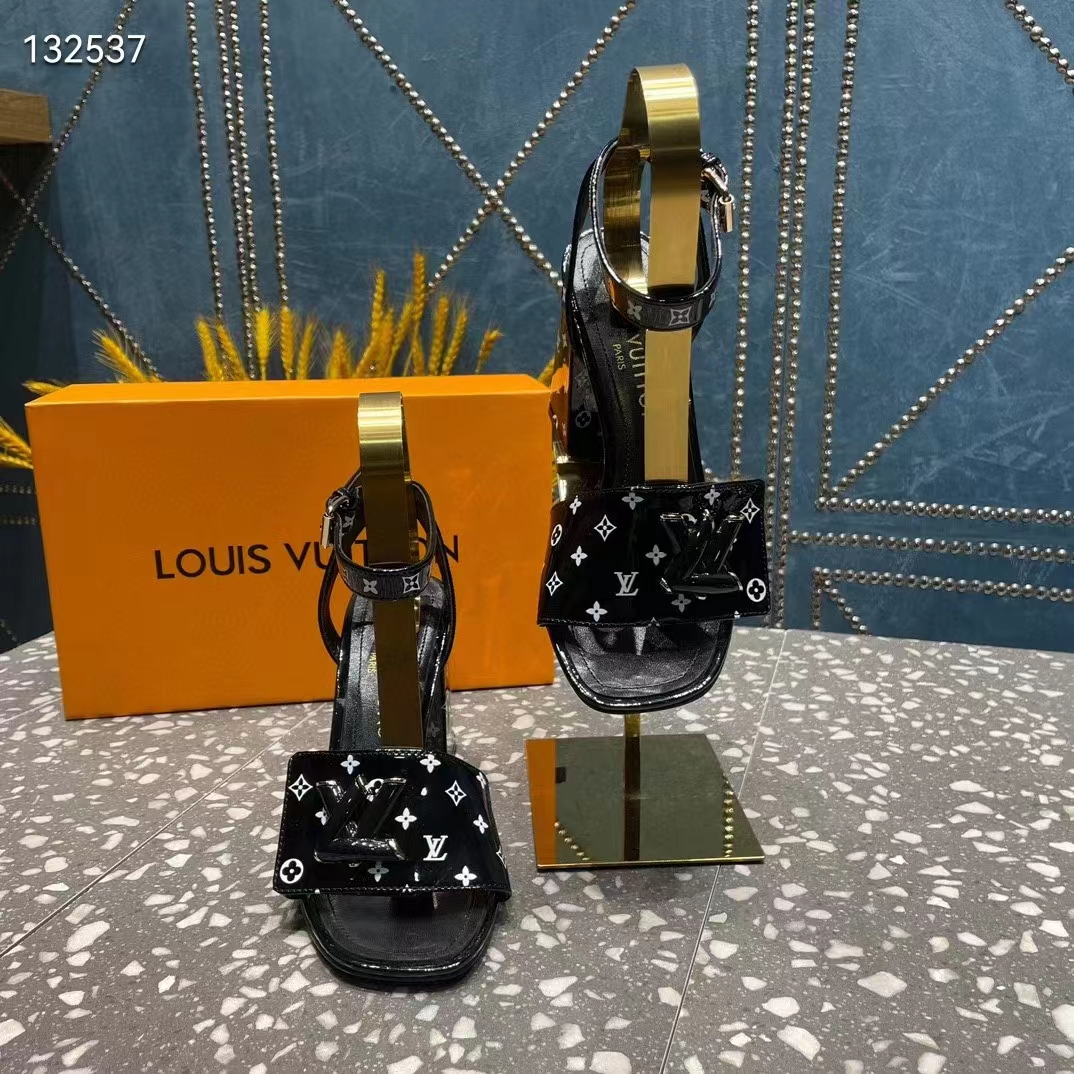 Louis Vuitton Women LV Shake Sandal Black White Printed Patent Calf Leather 9.5 CM Heel