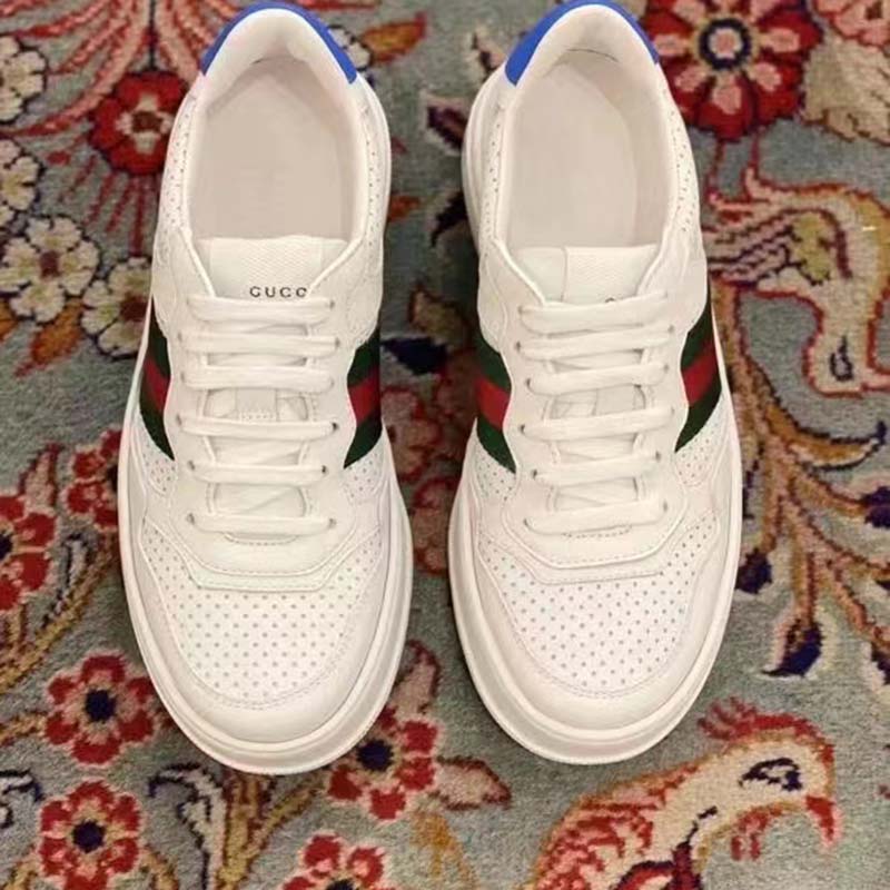 Gucci Unisex Sneaker Web White Leather Green Red Web Lace Up Flat