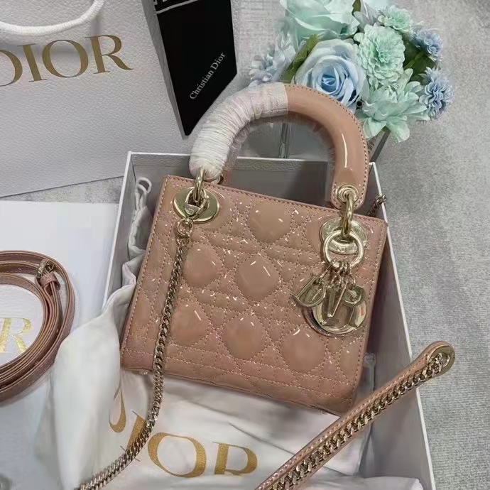 Dior Women Mini Lady Dior Bag Rose Des Vents Patent Cannage Calfskin