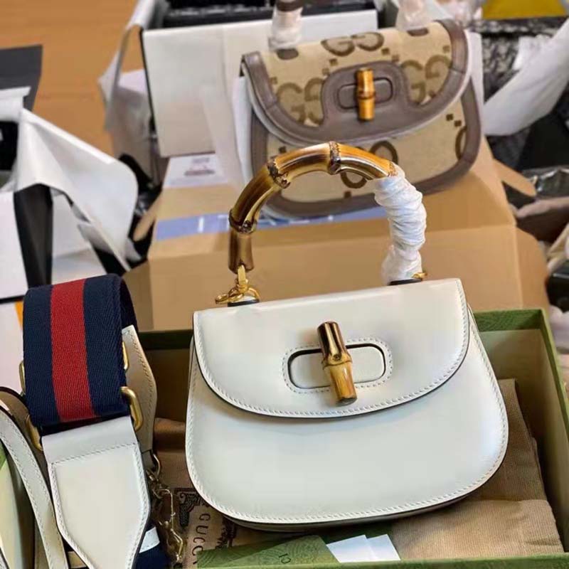 Gucci Women Gucci Bamboo 1947 Small Top Handle Bag White Leather Bamboo Hardware