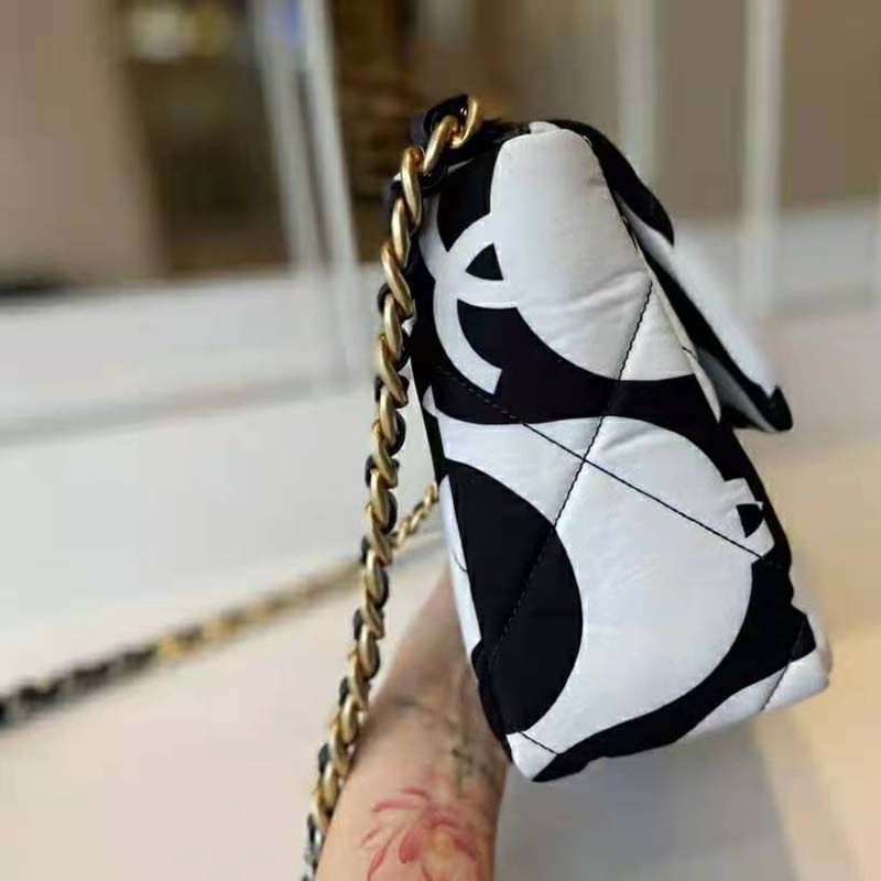 Chanel Women 19 Large Flap Bag Printed Fabric Gold Silver-Tone & Ruthenium-Finish Metal Black & Ecru