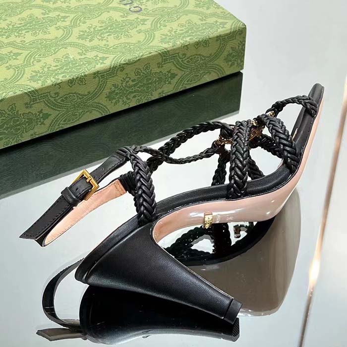 Gucci Women Crystal Interlocking G Sandal Black Braided Leather High 9 Cm Heel