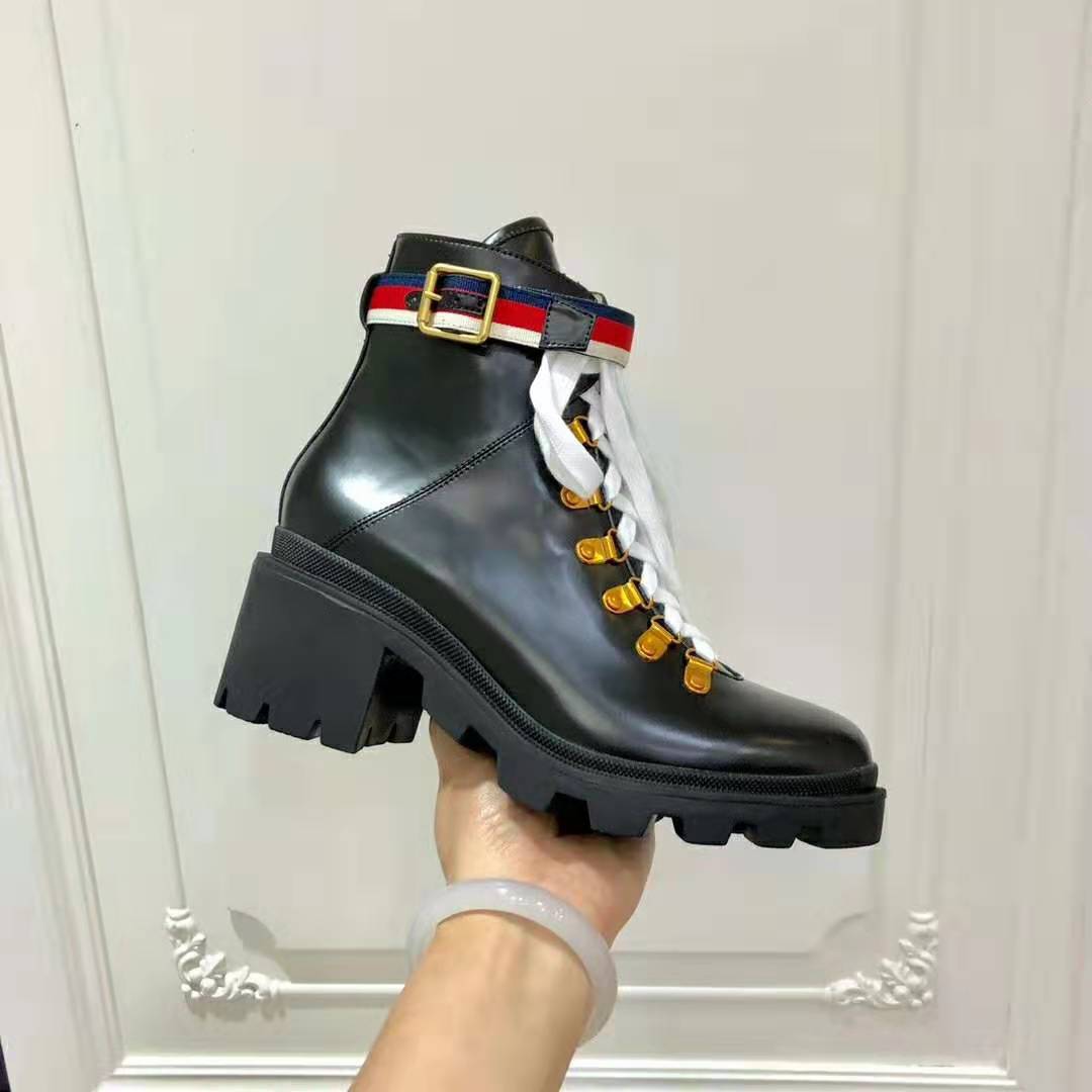 Gucci Women Gucci Leather Ankle Boot with Sylvie Web in Black Leather 2.5 cm Heel