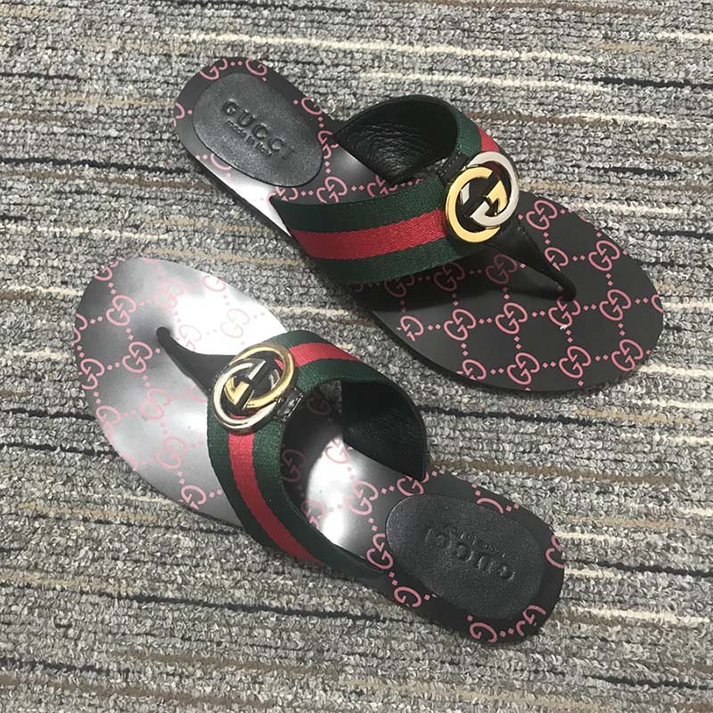 Gucci Unisex GG Thong Web Sandal Interlocking G Leather Sole Square Toe Flat