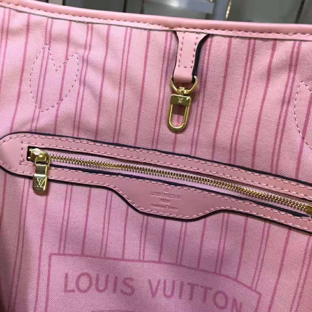 Louis Vuitton LV Women Neverfull MM Tote Bag in Damier Azur Canvas-Pink