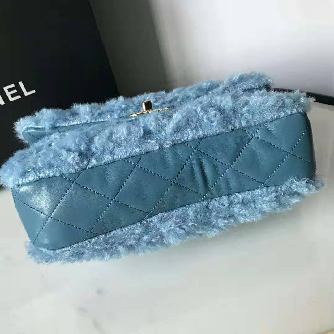 Chanel Women Flap Bag in Shearling Lambskin Leather-Blue