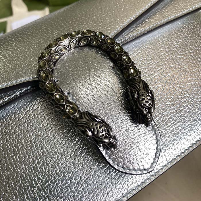 Gucci Women Dionysus Small Shoulder Bag Silver Lamé Leather Tiger Head