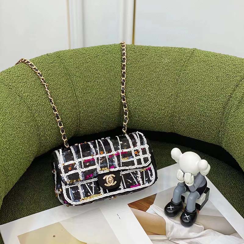 Chanel Women CC Classic Handbag Embroidered Satin Sequins Black White Red Gold