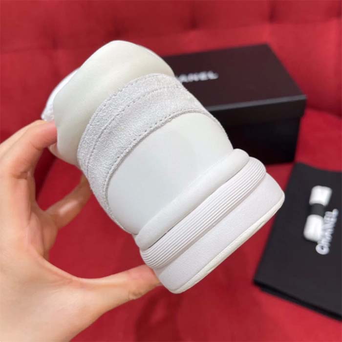 Chanel Women CC Low Top Sneakers Calfskin Suede Leather Triple White