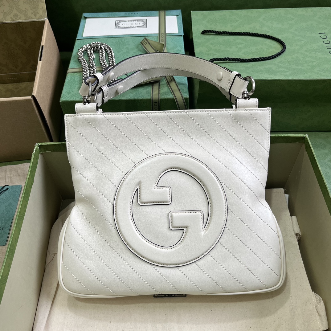 Gucci Women GG Blondie Small Tote Bag White Leather Round Interlocking G