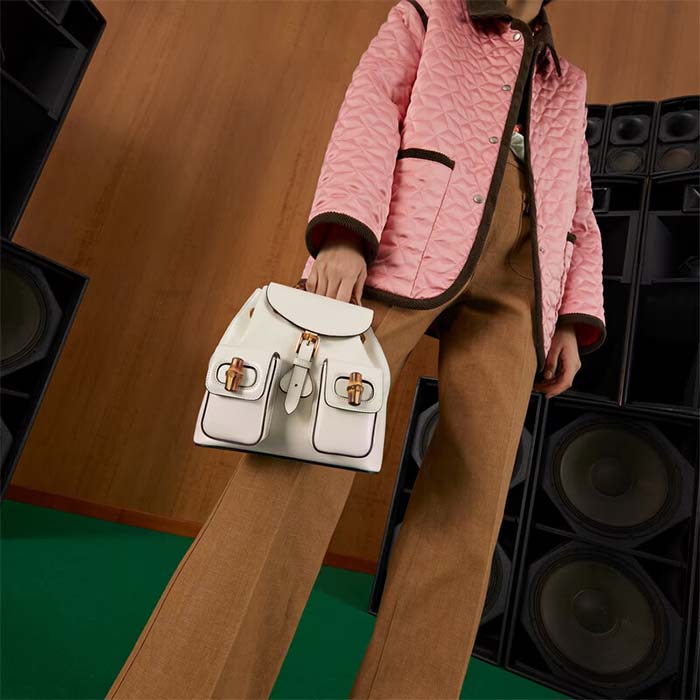 Gucci Unisex GG Bamboo Small Backpack White Leather Bamboo Handle
