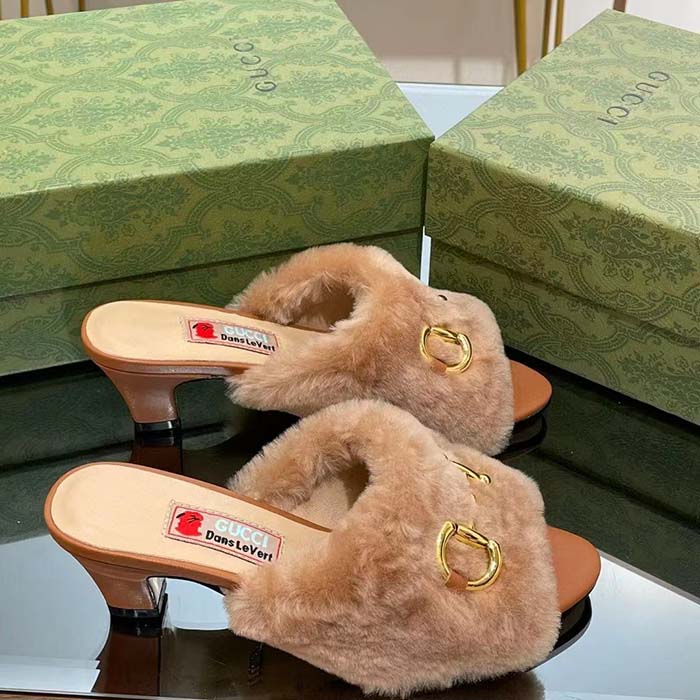 Gucci GG Women’s Mid-Heel Slide Sandal Brown Fabric Horsebit 5.6 Cm Heel