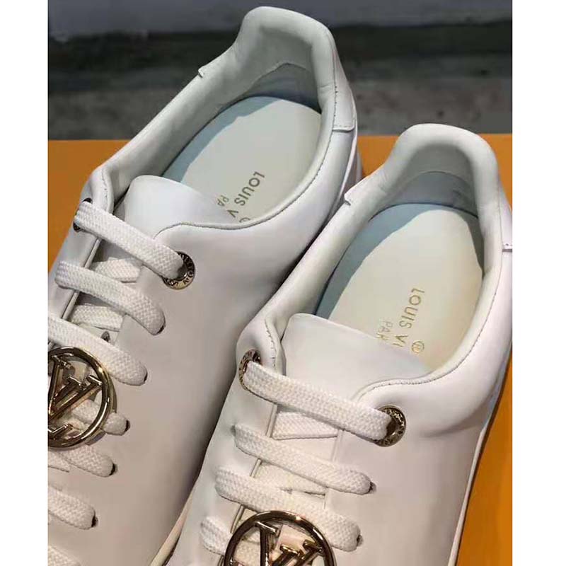 Louis Vuitton LV Women Frontrow Sneaker Gold-Tone LV Circle in White Calf Leather and Rubber