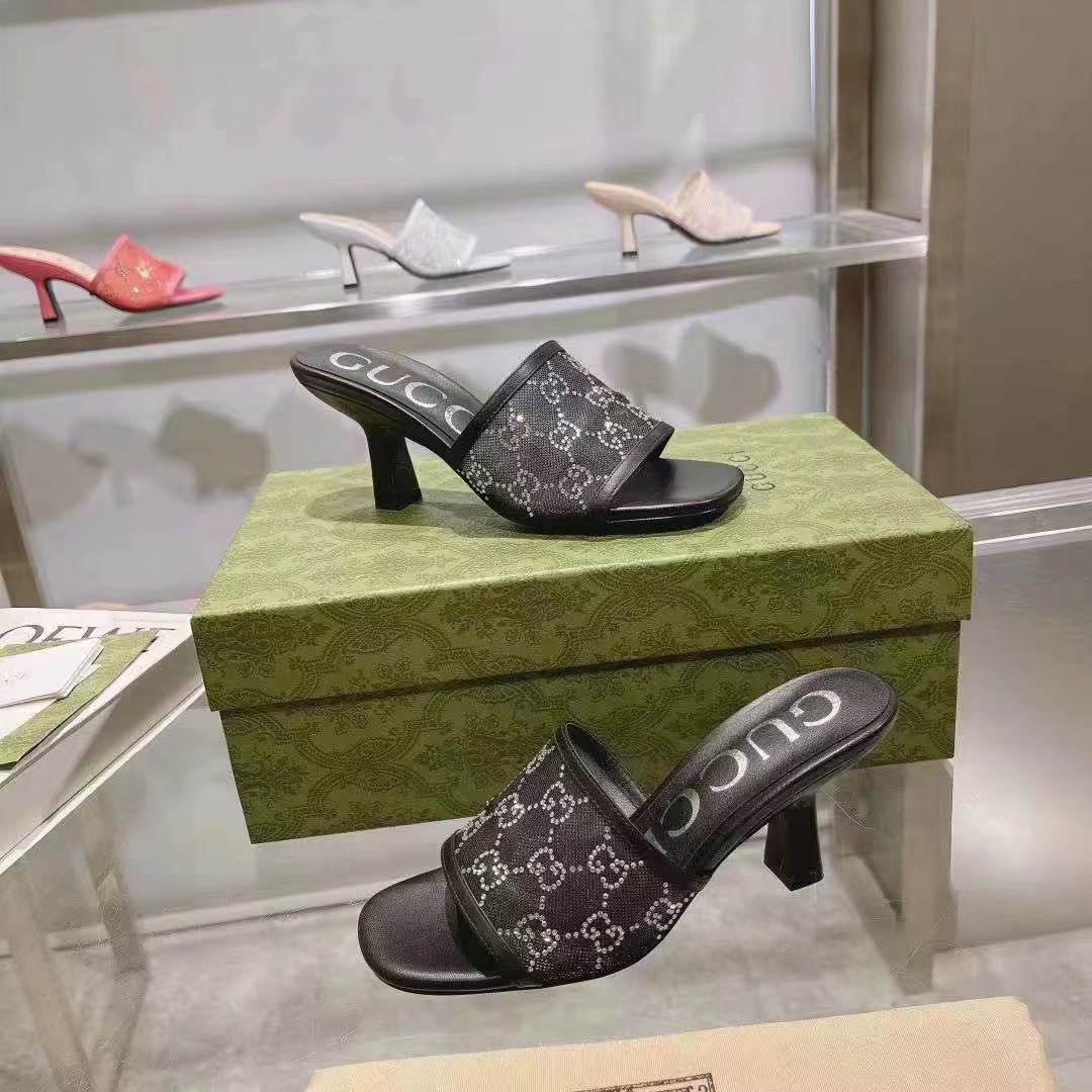 Gucci Women GG Mid Heel Slide Sandal Black GG Crystal Mesh 7.6 CM Heel