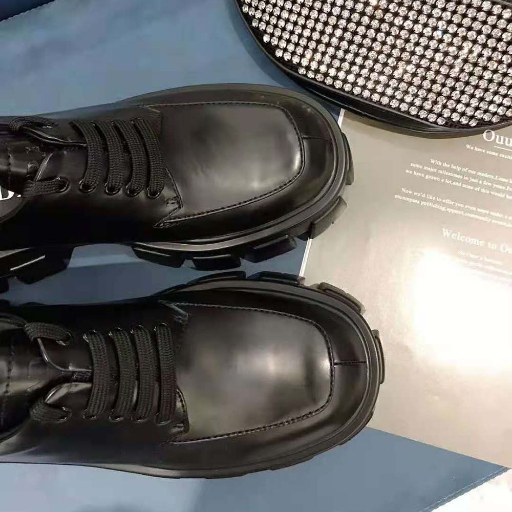 Prada Women Monolith Brushed Calf Leather Lace-Up Shoes-Black