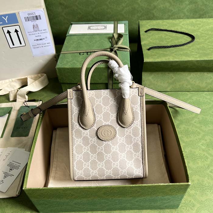 Gucci Unisex Mini Tote Bag Interlocking G Beige White GG Supreme Canvas
