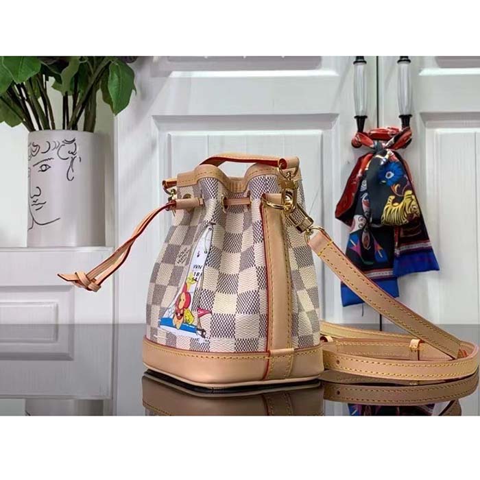Louis Vuitton LV Women Nano Noé Bucket Bag Dragon Fruit Pink Damier Azur Coated Canvas