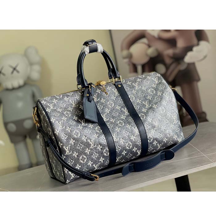 Louis Vuitton LV Unisex Keepall Bandoulière 45 Blue Monoglam Coated Canvas Cowhide Leather