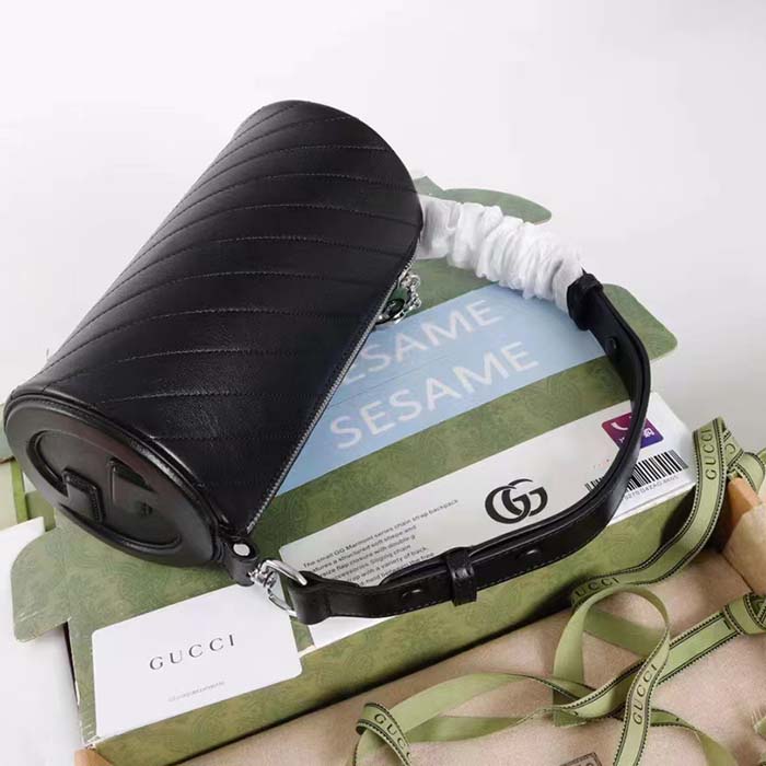 Gucci Women GG Blondie Small Shoulder Bag Round Interlocking G Black Leather