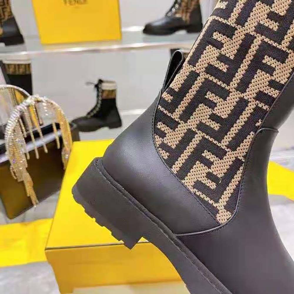 Fendi Women Rockoko Black Leather Ankle Boots with Stretch Fabric