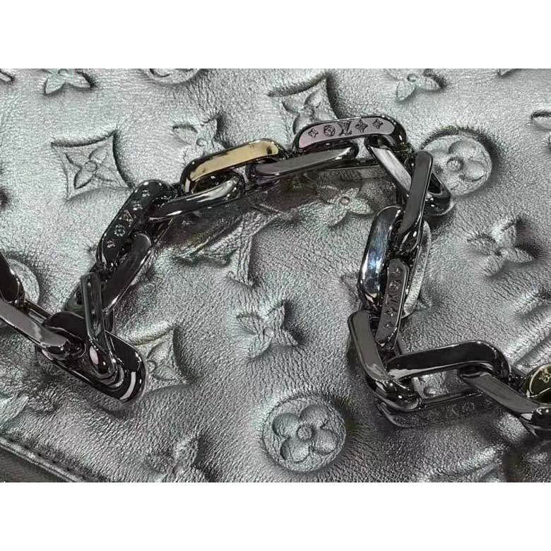 Louis Vuitton LV Women Coussin BB Handbag Silver Monogram Embossed Puffy Lambskin