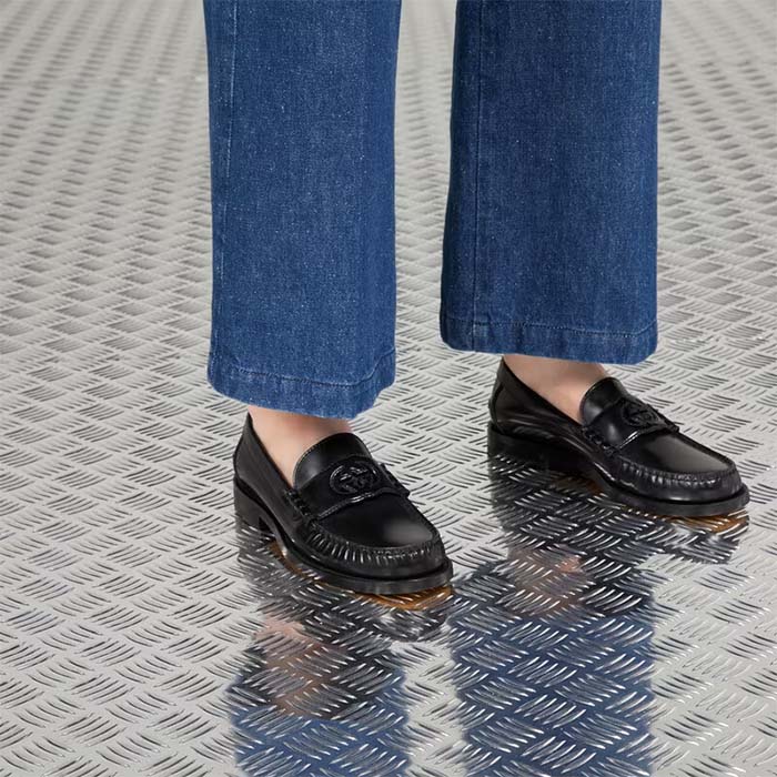 Gucci Unisex GG Interlocking G Loafer Black Leather Flat 1.5 CM Heel